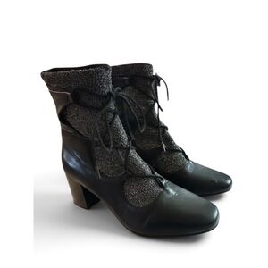 Sol Sana Ankle Boots 37 Black Leather Metallic Knit Lace Up Block Heel Goth